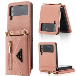Phone Case For Z Flip 6 Z Flip 5 Z Flip 4 Z Flip 3 Back Cover with Stand Holder Zipper with Lanyard Retro TPU PU Leather
