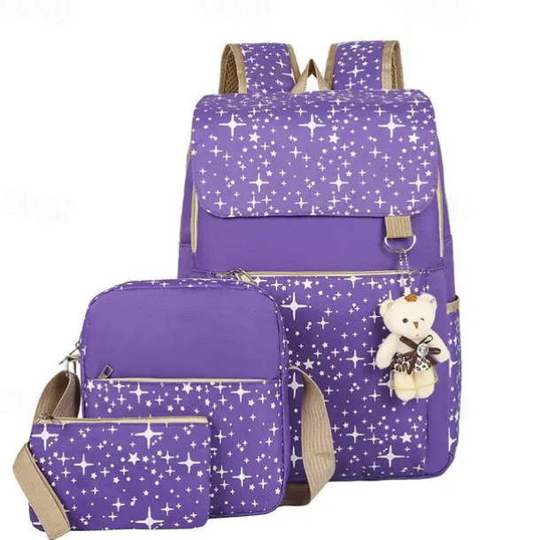 4-Piece Starry Backpack Set for Girls - Includes Backpack, Shoulder Bag, Purse, and Pencil Case - Available in Pink, Purple, Blue, and Black