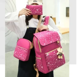 4-Piece Starry Backpack Set for Girls - Includes Backpack, Shoulder Bag, Purse, and Pencil Case - Available in Pink, Purple, Blue, and Black