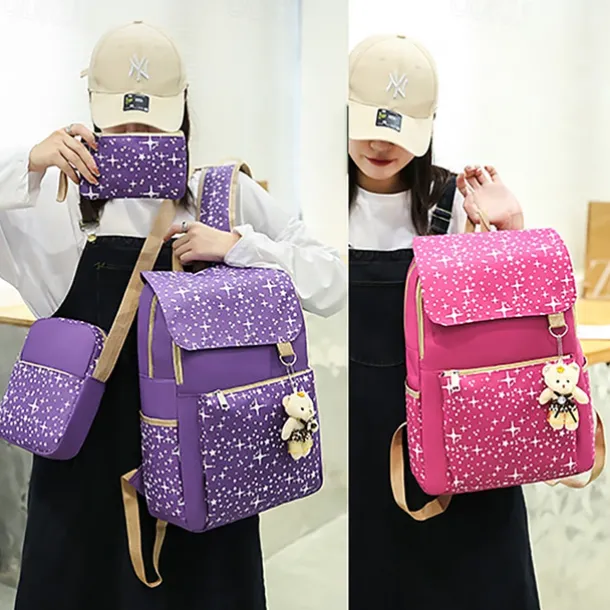 4-Piece Starry Backpack Set for Girls - Includes Backpack, Shoulder Bag, Purse, and Pencil Case - Available in Pink, Purple, Blue, and Black