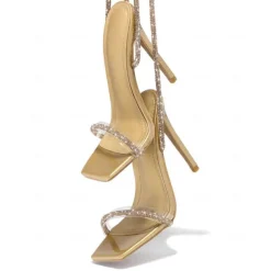 Pink Rhinestone Strappy Stiletto Heels for Women – Sparkling Detail, Perfect for Elegant Evening Wear and Parties.