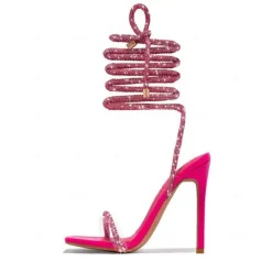 Pink Rhinestone Strappy Stiletto Heels for Women – Sparkling Detail, Perfect for Elegant Evening Wear and Parties.