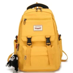 Pink Waterproof School Bags Nylon Backpack with Plush Monkey Keychain - Stylish and Durable School Bag with Multiple Pockets for Travel and Everyday Use