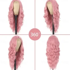 Pink Wig 26inch Long Wavy Wigs for Women Middle Part Curly Wig Natural Looking Heat Resistant Fiber Synthetic Wigs for Daily Use