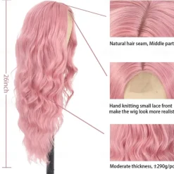 Pink Wig 26inch Long Wavy Wigs for Women Middle Part Curly Wig Natural Looking Heat Resistant Fiber Synthetic Wigs for Daily Use