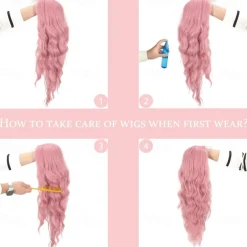 Pink Wig 26inch Long Wavy Wigs for Women Middle Part Curly Wig Natural Looking Heat Resistant Fiber Synthetic Wigs for Daily Use