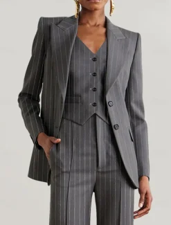 Pinstripe Women's Blazers Mother of the Bride Elegant Long Sleeve with Buttons