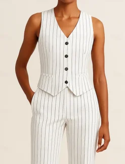Pinstripe Women's Suits Vest Mother of the Bride Elegant Simple V Neck Sleeveless Sleeve with Buttons