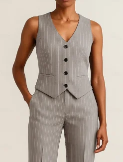 Pinstripe Women's Suits Vest Mother of the Bride Elegant Simple V Neck Sleeveless Sleeve with Buttons