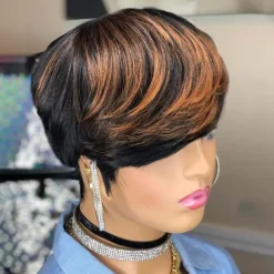 Pixie Layered Wavy Wigs Black with Brown F1B/30 Color Glueless Short Curly Wigs Pixie Cut Wig Human Hair Short Human Hair Wigs for Black Women