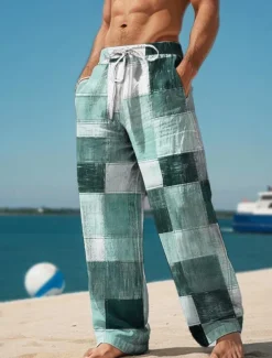 Plaid Color Block Men's Resort 3D Printed Casual Pants Trousers Elastic Waist Drawstring Loose Fit Straight-Leg Summer Beach Pants S TO 3XL