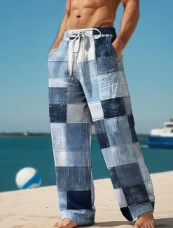 Plaid Color Block Men's Resort 3D Printed Casual Pants Trousers Elastic Waist Drawstring Loose Fit Straight-Leg Summer Beach Pants S TO 3XL