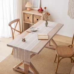 Plain Simple Striped Fringed Table Runner with Tassel 87 inch Long 35 x 220cm