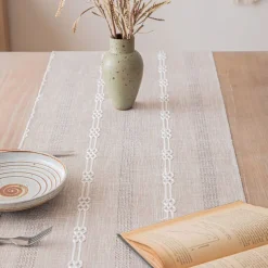 Plain Simple Striped Fringed Table Runner with Tassel 87 inch Long 35 x 220cm