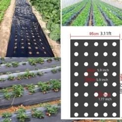 Plastic Film With Planting Holes, Garden Weed Control Barrier Film Mulching Breathable Gardening Farming Landscape Sheeting For Moisture Temperature Maintaining