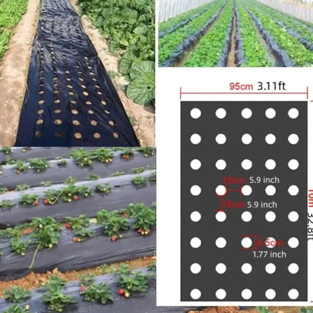 Plastic Film With Planting Holes, Garden Weed Control Barrier Film Mulching Breathable Gardening Farming Landscape Sheeting For Moisture Temperature Maintaining