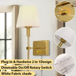 Plug in Wall Sconce Dimmable Wall Sconces 1pcs, White Fabric Shade Wall Lamp with 6Ft Plug in Cord, Indoor Wall Lights Wall Mounted Light Fixture, for Bedroom Living Room Hallway, Gold