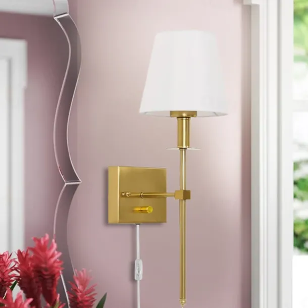 Plug in Wall Sconce Dimmable Wall Sconces 1pcs, White Fabric Shade Wall Lamp with 6Ft Plug in Cord, Indoor Wall Lights Wall Mounted Light Fixture, for Bedroom Living Room Hallway, Gold