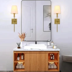 Plug in Wall Sconce Dimmable Wall Sconces 1pcs, White Fabric Shade Wall Lamp with 6Ft Plug in Cord, Indoor Wall Lights Wall Mounted Light Fixture, for Bedroom Living Room Hallway, Gold