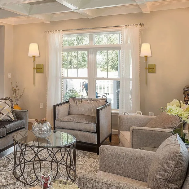 Plug in Wall Sconce Dimmable Wall Sconces 1pcs, White Fabric Shade Wall Lamp with 6Ft Plug in Cord, Indoor Wall Lights Wall Mounted Light Fixture, for Bedroom Living Room Hallway, Gold