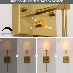 Plug in Wall Sconce Dimmable Wall Sconces 1pcs, White Fabric Shade Wall Lamp with 6Ft Plug in Cord, Indoor Wall Lights Wall Mounted Light Fixture, for Bedroom Living Room Hallway, Gold
