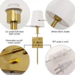 Plug in Wall Sconce Dimmable Wall Sconces 1pcs, White Fabric Shade Wall Lamp with 6Ft Plug in Cord, Indoor Wall Lights Wall Mounted Light Fixture, for Bedroom Living Room Hallway, Gold