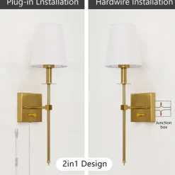 Plug in Wall Sconce Dimmable Wall Sconces 1pcs, White Fabric Shade Wall Lamp with 6Ft Plug in Cord, Indoor Wall Lights Wall Mounted Light Fixture, for Bedroom Living Room Hallway, Gold