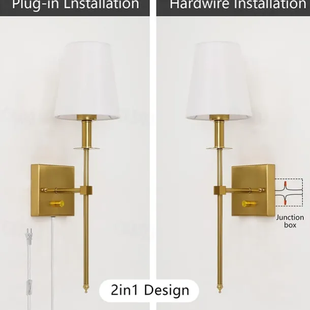 Plug in Wall Sconce Dimmable Wall Sconces 1pcs, White Fabric Shade Wall Lamp with 6Ft Plug in Cord, Indoor Wall Lights Wall Mounted Light Fixture, for Bedroom Living Room Hallway, Gold