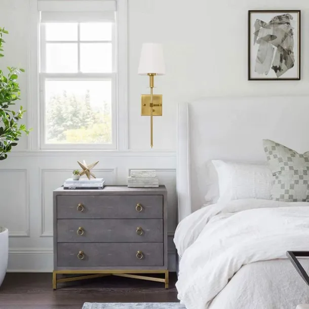 Plug in Wall Sconce Dimmable Wall Sconces 1pcs, White Fabric Shade Wall Lamp with 6Ft Plug in Cord, Indoor Wall Lights Wall Mounted Light Fixture, for Bedroom Living Room Hallway, Gold