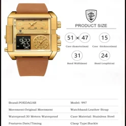 POEDAGAR Luxury Men Quartz Watch Sports Rectangle Waterproof Multifunction Analog Quartz Wristwatch Luminous Calendar Men Watch Digital Men's Watches