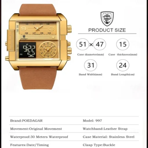 POEDAGAR Luxury Men Quartz Watch Sports Rectangle Waterproof Multifunction Analog Quartz Wristwatch Luminous Calendar Men Watch Digital Men's Watches