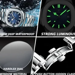 POEDAGAR Luxury Watch Business Waterproof Male Clock Luminous Date Stainless Steel Square Quartz Men Watch
