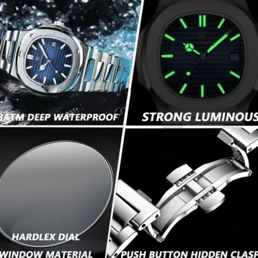 POEDAGAR Luxury Watch Business Waterproof Male Clock Luminous Date Stainless Steel Square Quartz Men Watch