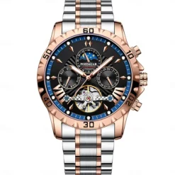 POEDAGAR Men Mechanical Watch Fashion Casual Wristwatch Automatic Self-winding Moon phase Luminous Waterproof Steel Watch