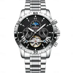 POEDAGAR Men Mechanical Watch Fashion Casual Wristwatch Automatic Self-winding Moon phase Luminous Waterproof Steel Watch