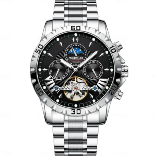 POEDAGAR Men Mechanical Watch Fashion Casual Wristwatch Automatic Self-winding Moon phase Luminous Waterproof Steel Watch