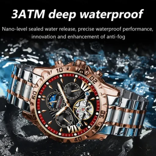 POEDAGAR Men Mechanical Watch Fashion Casual Wristwatch Automatic Self-winding Moon phase Luminous Waterproof Steel Watch