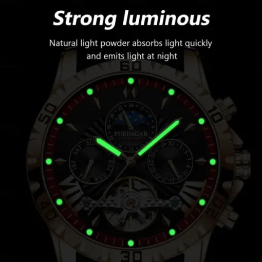 POEDAGAR Men Mechanical Watch Fashion Casual Wristwatch Automatic Self-winding Moon phase Luminous Waterproof Steel Watch