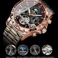 POEDAGAR Men Mechanical Watch Fashion Casual Wristwatch Automatic Self-winding Moon phase Luminous Waterproof Steel Watch
