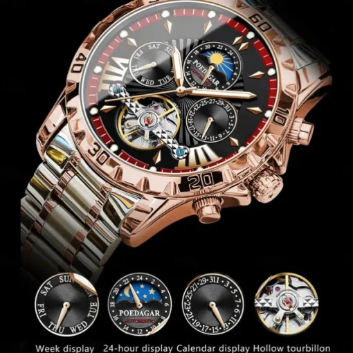 POEDAGAR Men Mechanical Watch Fashion Casual Wristwatch Automatic Self-winding Moon phase Luminous Waterproof Steel Watch