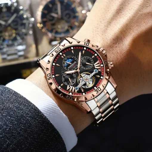 POEDAGAR Men Mechanical Watch Fashion Casual Wristwatch Automatic Self-winding Moon phase Luminous Waterproof Steel Watch