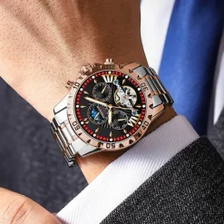 POEDAGAR Men Mechanical Watch Fashion Casual Wristwatch Automatic Self-winding Moon phase Luminous Waterproof Steel Watch