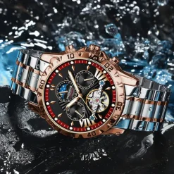 POEDAGAR Men Mechanical Watch Fashion Casual Wristwatch Automatic Self-winding Moon phase Luminous Waterproof Steel Watch