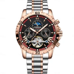POEDAGAR Men Mechanical Watch Fashion Casual Wristwatch Automatic Self-winding Moon phase Luminous Waterproof Steel Watch