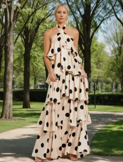 Polka Dot Print Wedding Guest Dresses A-Line Halter Neck Sleeveless Floor Length Satin Bridal Gowns With Ruffles