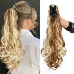 Ponytail Extension Clip in Claw 22 Inch Curly Wavy Pony Tails Clip-on Long Hairpiece Jaw for Women Dark Brown