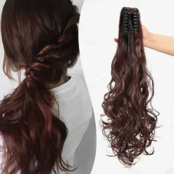 Ponytail Extension Clip in Claw 22 Inch Curly Wavy Pony Tails Clip-on Long Hairpiece Jaw for Women Dark Brown