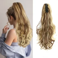 Ponytail Extension Clip in Claw 22 Inch Curly Wavy Pony Tails Clip-on Long Hairpiece Jaw for Women Dark Brown