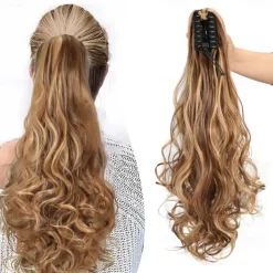 Ponytail Extension Clip in Claw 22 Inch Curly Wavy Pony Tails Clip-on Long Hairpiece Jaw for Women Dark Brown