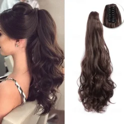 Ponytail Extension Clip in Claw 22 Inch Curly Wavy Pony Tails Clip-on Long Hairpiece Jaw for Women Dark Brown